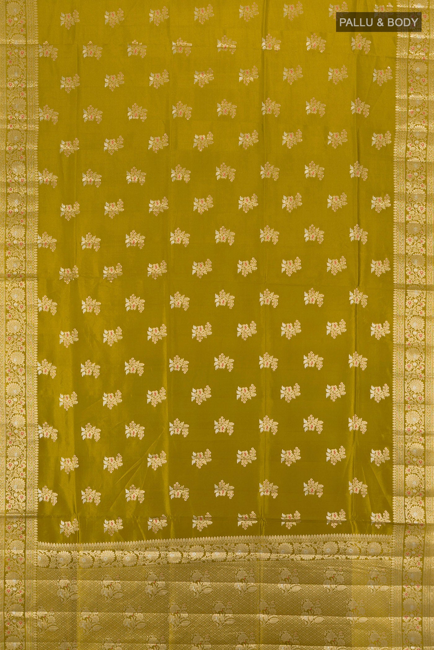 Flat view of Pure Silk Pure Zari Mehandi Green Banarasi Raw Saree with Zari Butta on the body and Silk Border. 