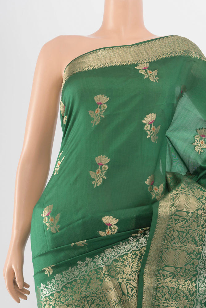Border image of Bottle Green Banarasi Raw Silk Saree with Zari Butta on the body and Silk Border. 