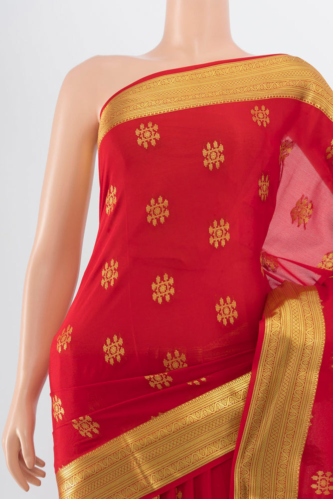 Border image of Red Mysore Silk Saree with Zari Butta on the body and Silk Border. 