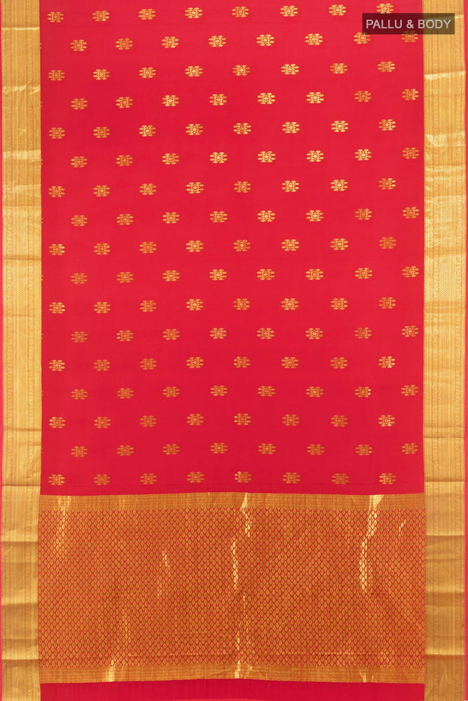 Flat view of Red Mysore Silk Saree with Zari Butta on the body and Silk Border. 