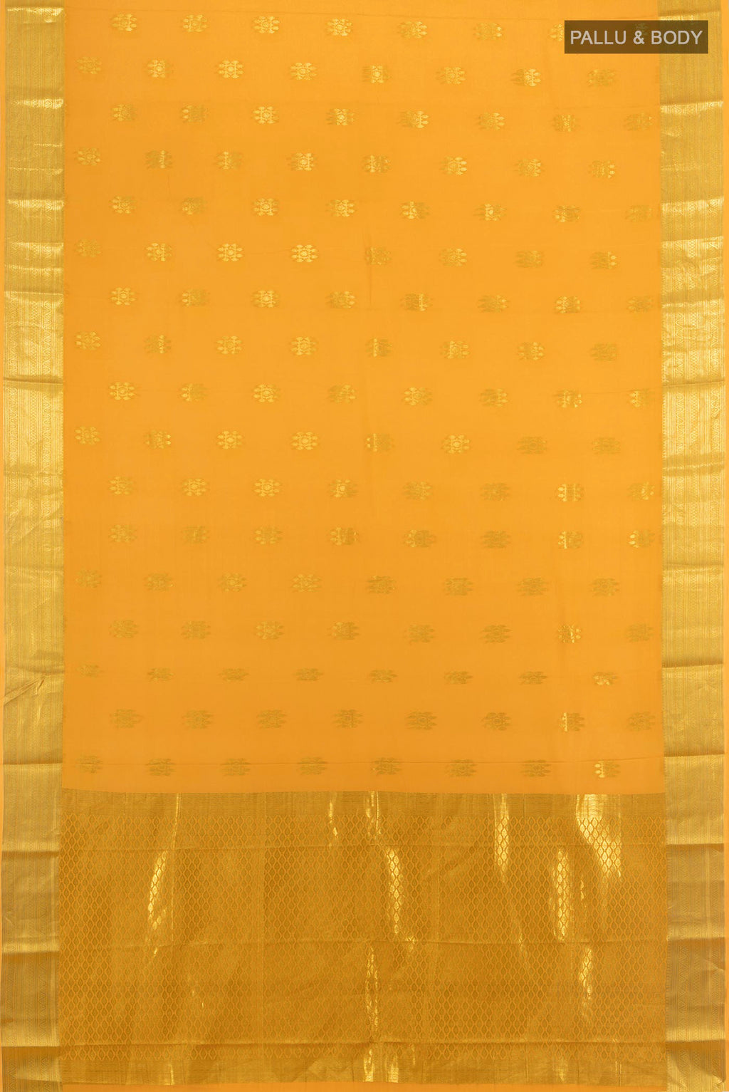 Flat view of Yellow Mysore Crepe Saree with Zari Butta on the body and Zari Border. 