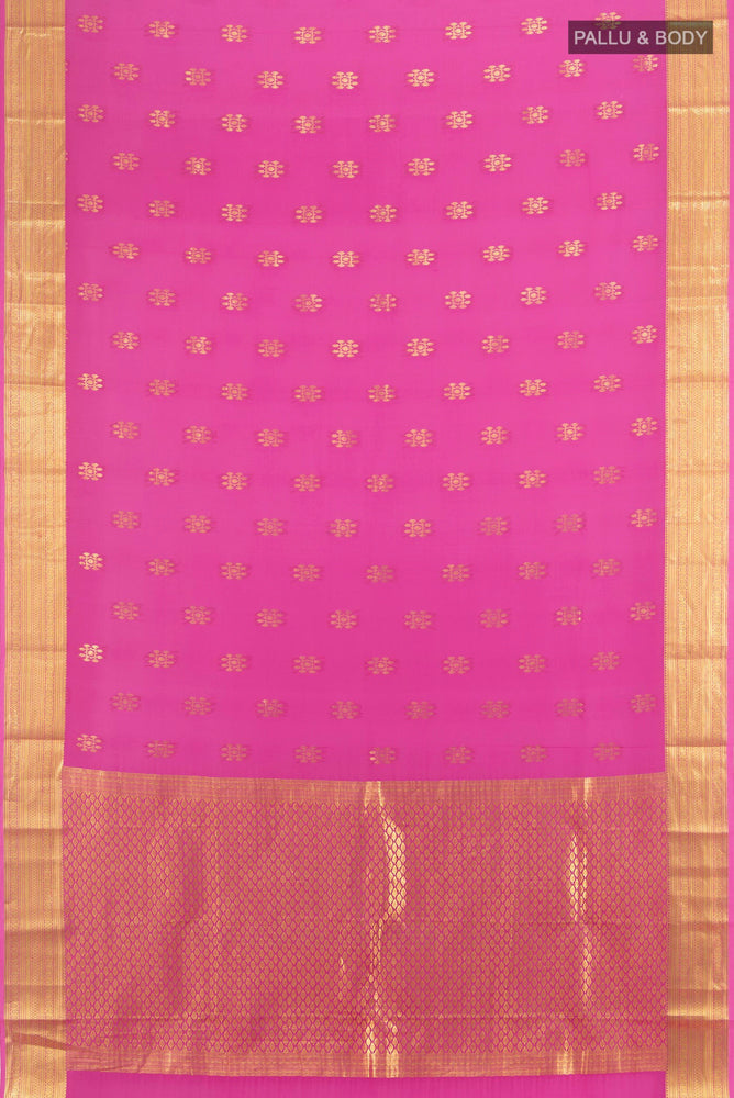 Flat view of Magenta Mysore Silk Saree with Zari Butta on the body and Silk Border. 