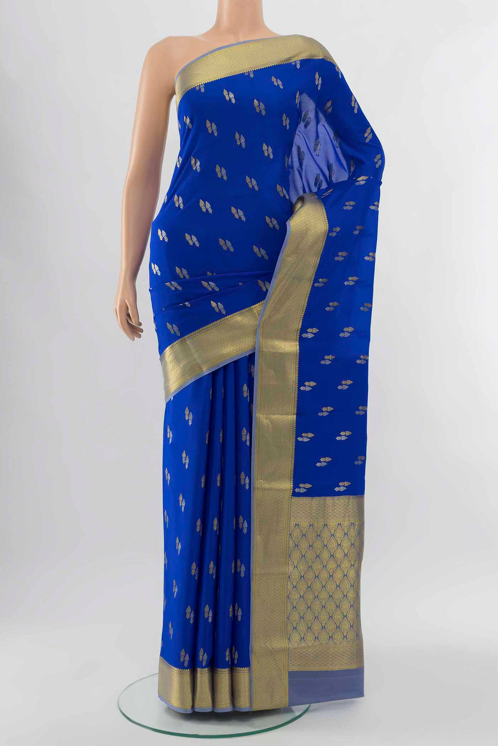 Light Blue Mysore Crepe Saree with Zari Brocade on the body and Silk Border displayed on a mannequin