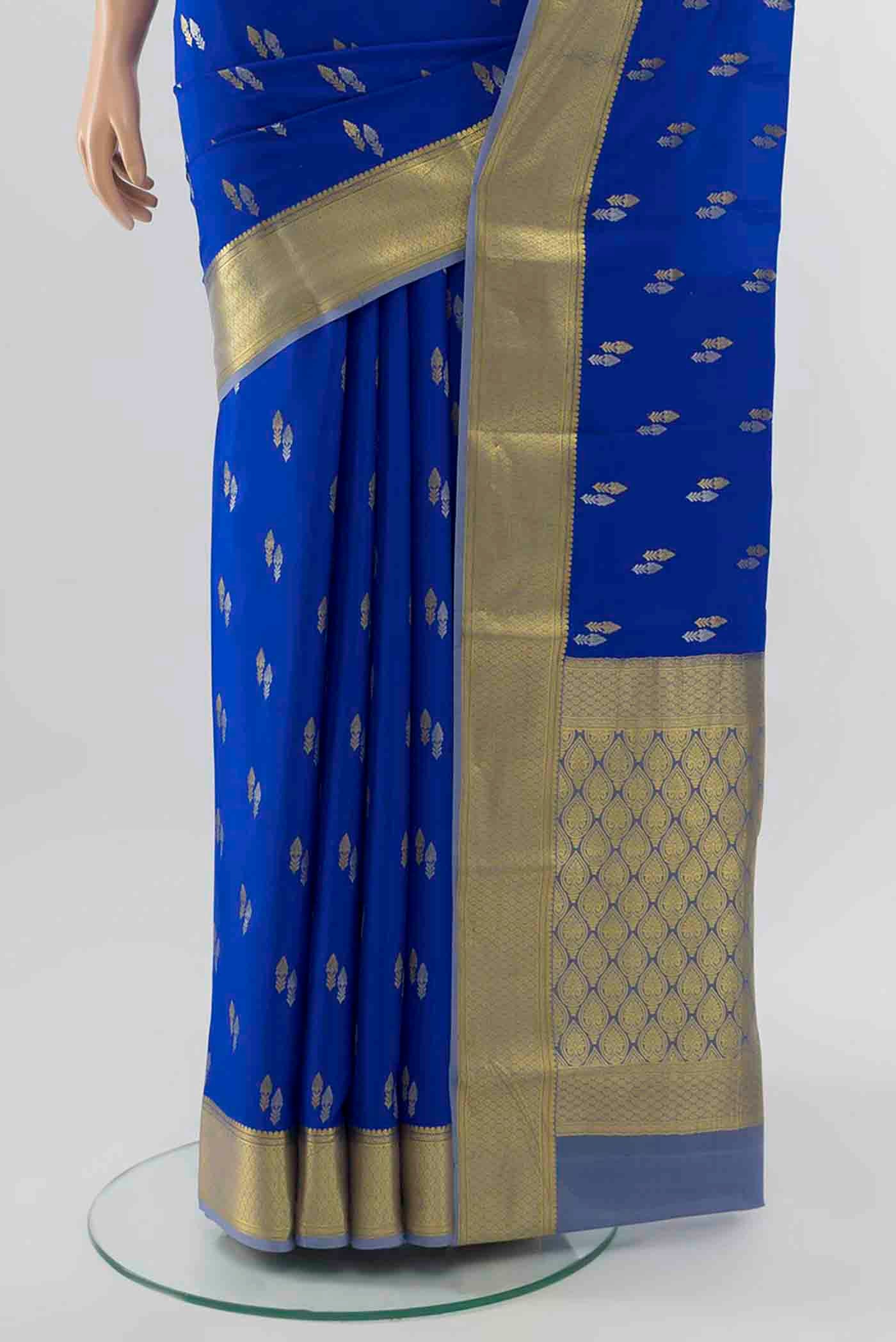 Pleats and pallu of Light Blue Mysore Crepe Saree with Zari Brocade on the body and Silk Border