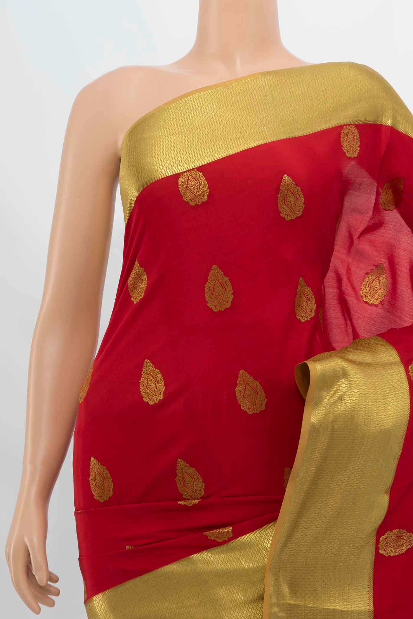 Border image of Red Mysore Crepe Saree with Zari Butta on the body and Silk Border. 