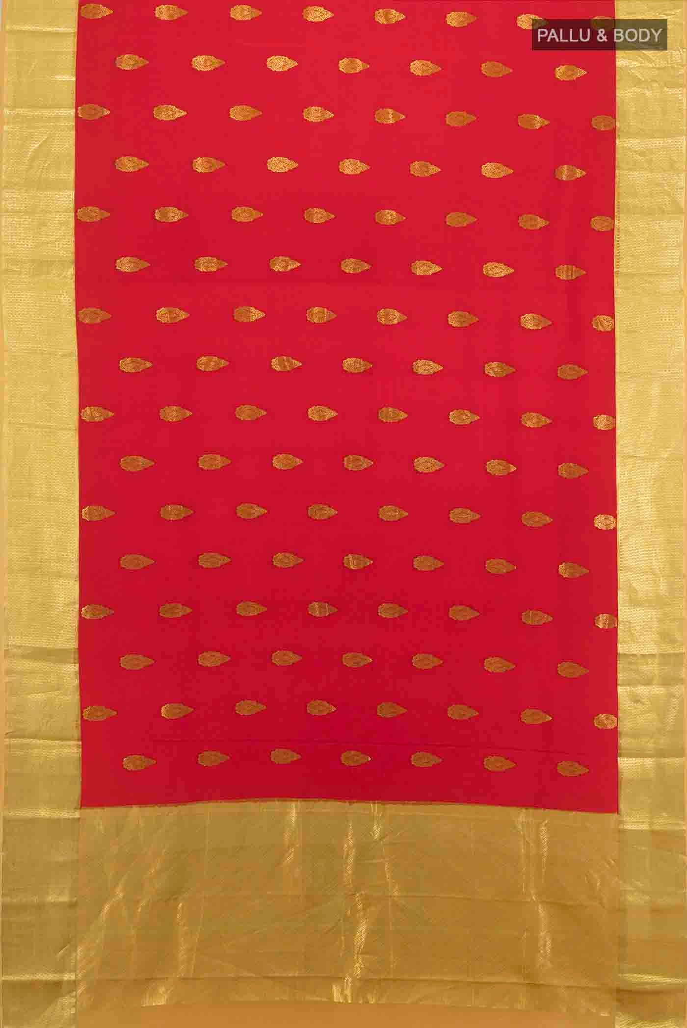 Flat view of Red Mysore Crepe Saree with Zari Butta on the body and Silk Border. 