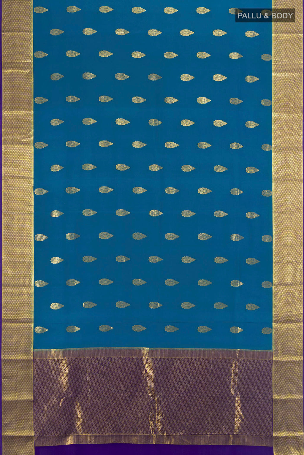 Flat view of Dark Blue Mysore Crepe Saree with Zari Butta on the body and Silk Border. 