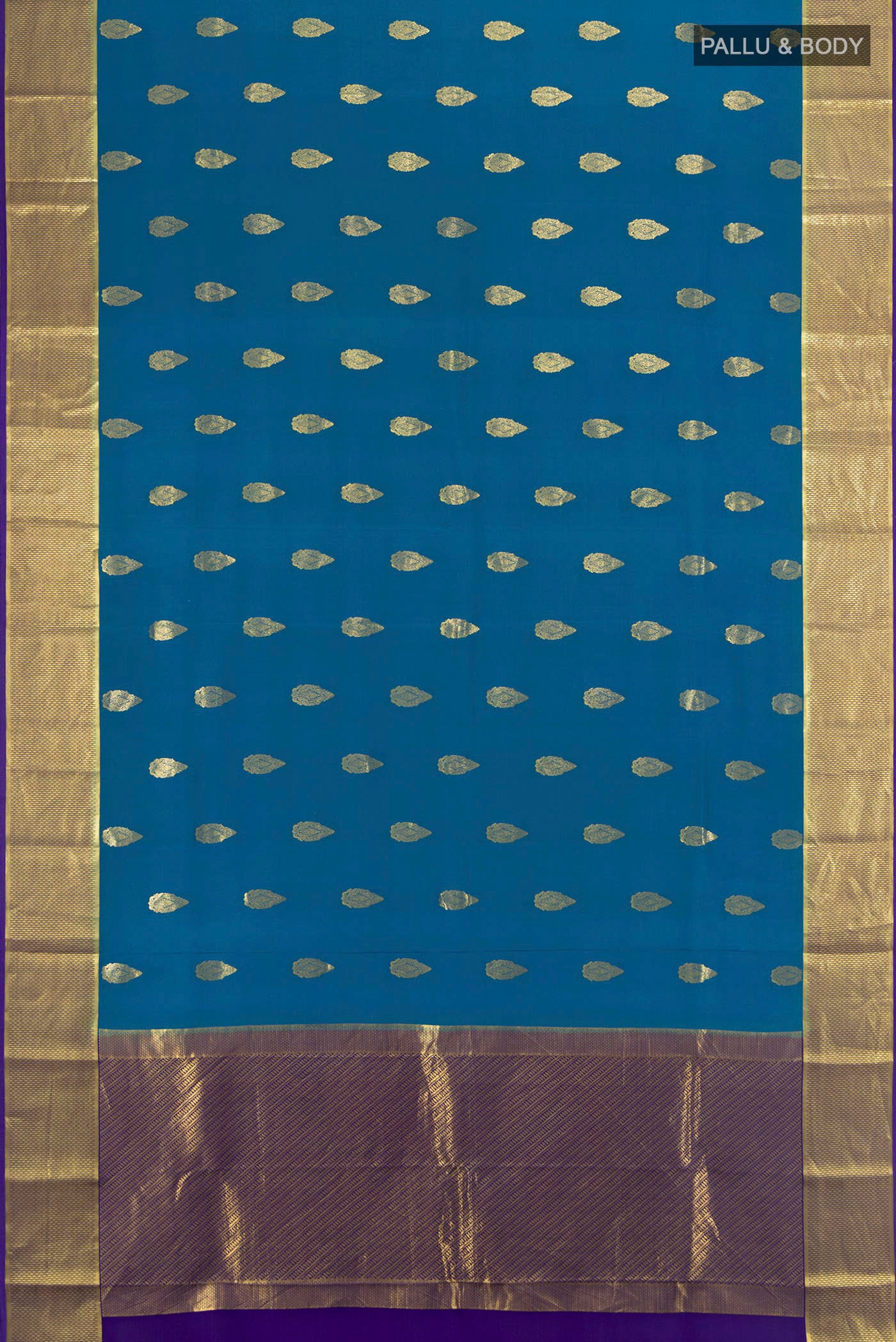 Flat view of Dark Blue Mysore Crepe Saree with Zari Butta on the body and Silk Border. 