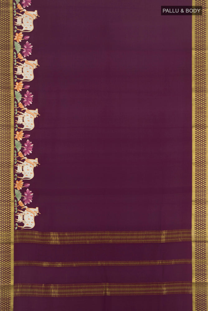 Flat view of Coffee Brown Mysore Crepe Saree with Zari Butta on the body and Silk Border. 