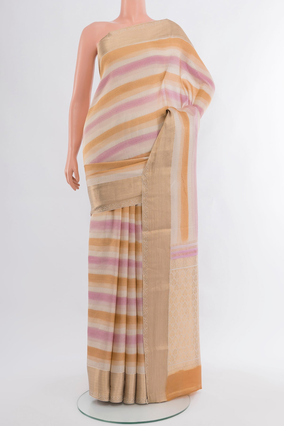 Multi Color Mysore Crepe Saree with Stripes on the body and Zari Border.  displayed on a mannequin