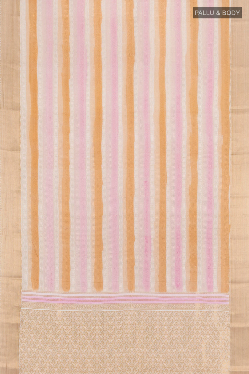 Flat view of Multi Color Mysore Crepe Saree with Stripes on the body and Zari Border. 
