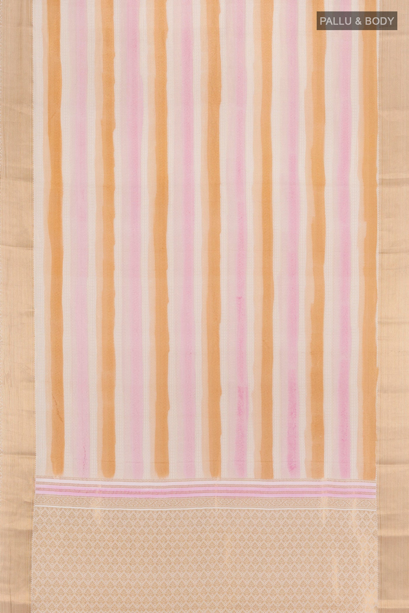Flat view of Multi Color Mysore Crepe Saree with Stripes on the body and Zari Border. 
