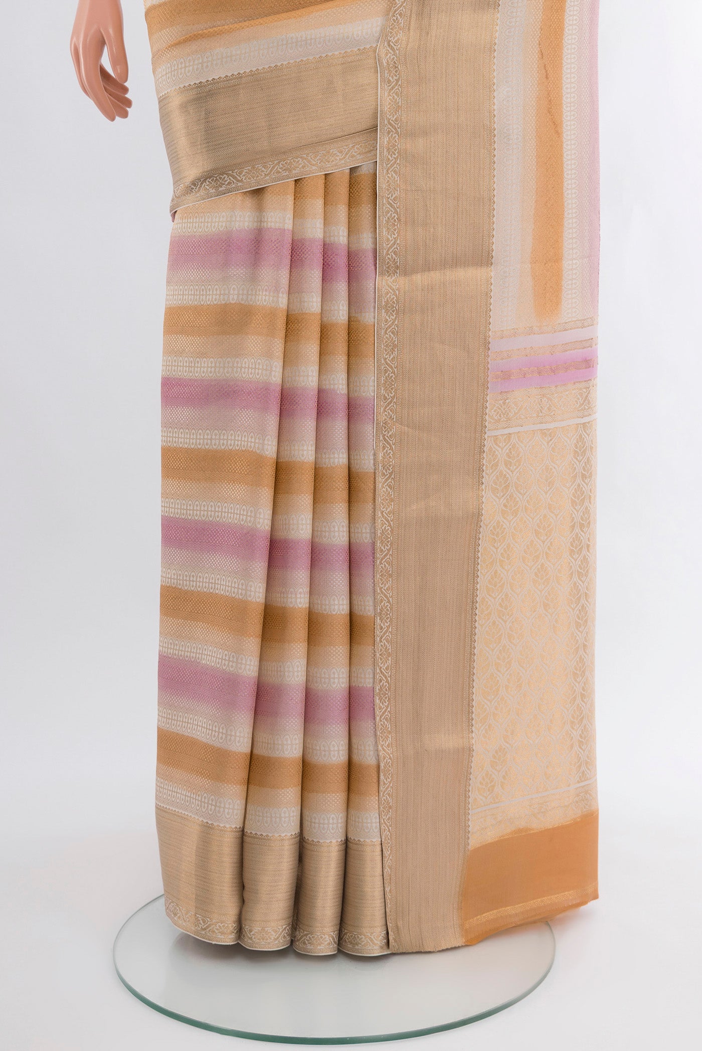 Pleats and pallu of Multi Color Mysore Crepe Saree with Stripes on the body and Zari Border. 