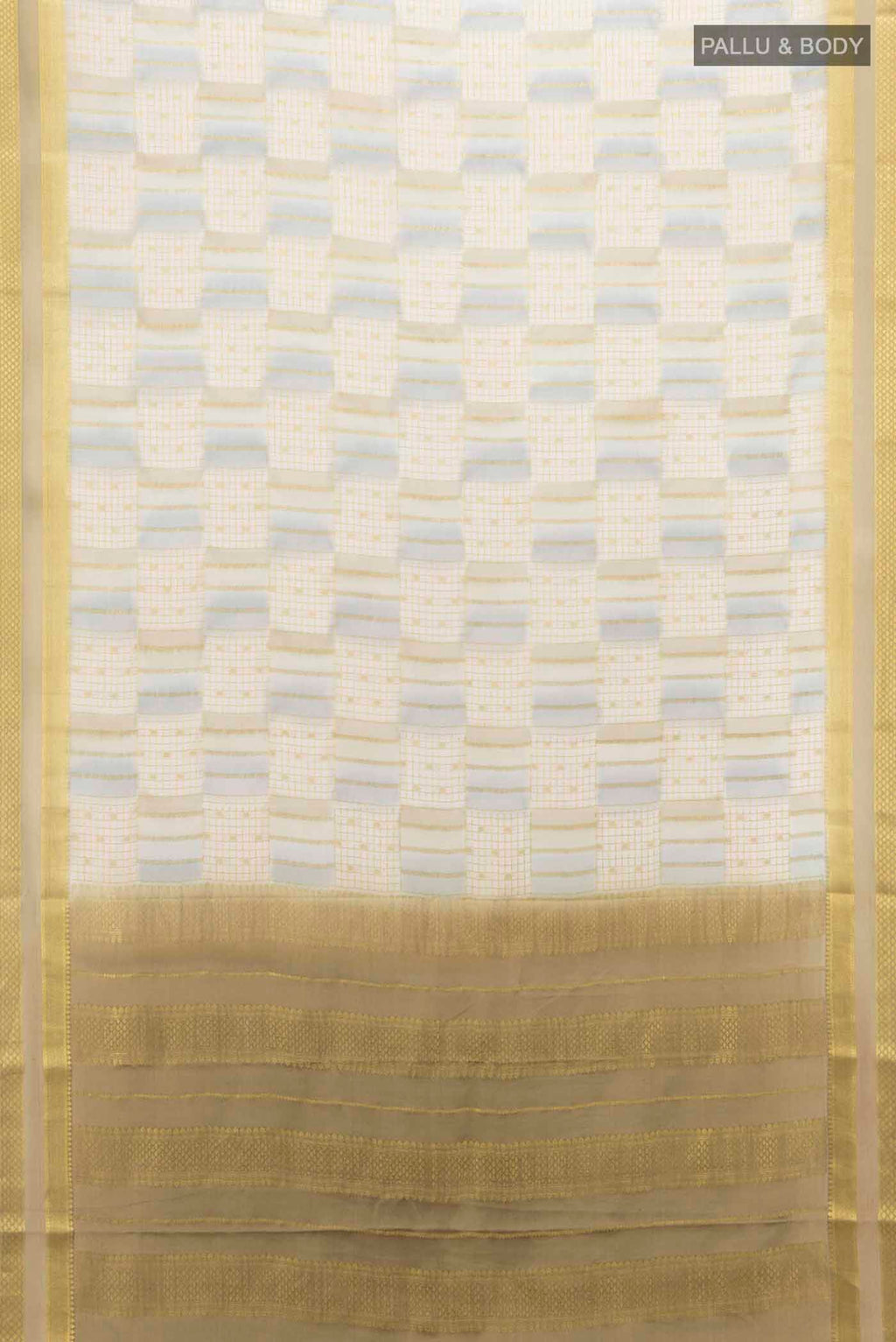 Flat view of Multi Color Mysore Crepe Saree with Checked design on the body and Zari Border
