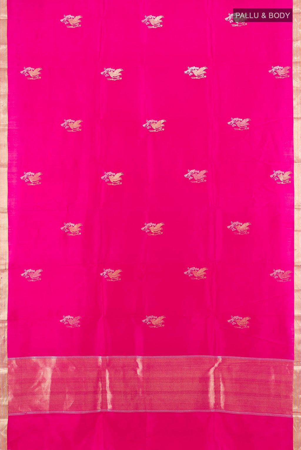 Flat view of Rani Pink Banarasi Katan Silk Saree with Zari Butta on the body and Silk Border. 