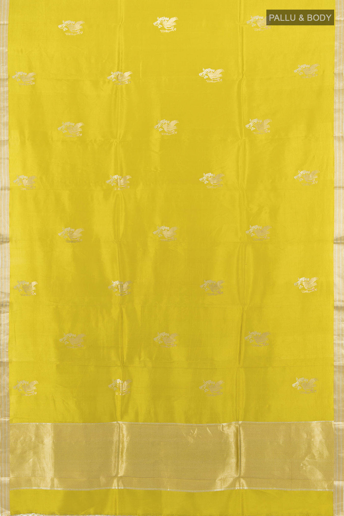 Flat view of Light Green Banarasi Katan Silk Saree with Zari Butta on the body and Silk Border. 