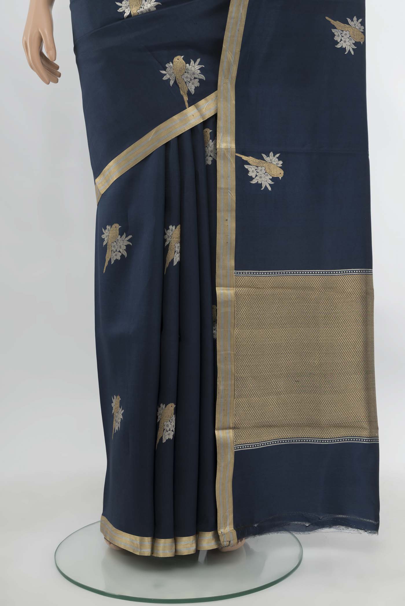 Pleats and pallu of Navy Blue Banarasi Katan Silk Saree with Zari Butta on the body and Silk Border. 