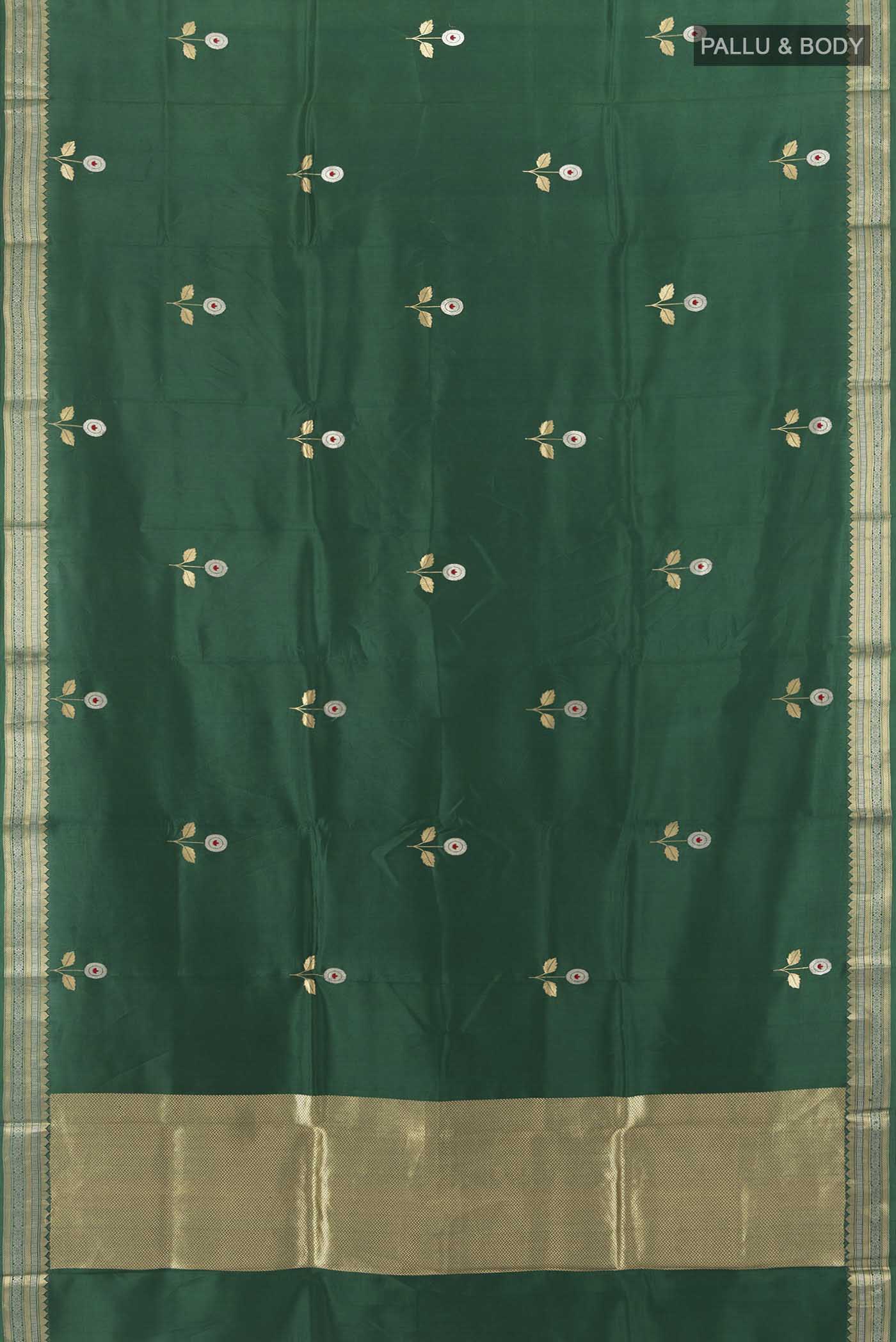 Flat view of Bottle Green Banarasi Katan Silk Saree with Zari Butta on the body and Zari Border. 