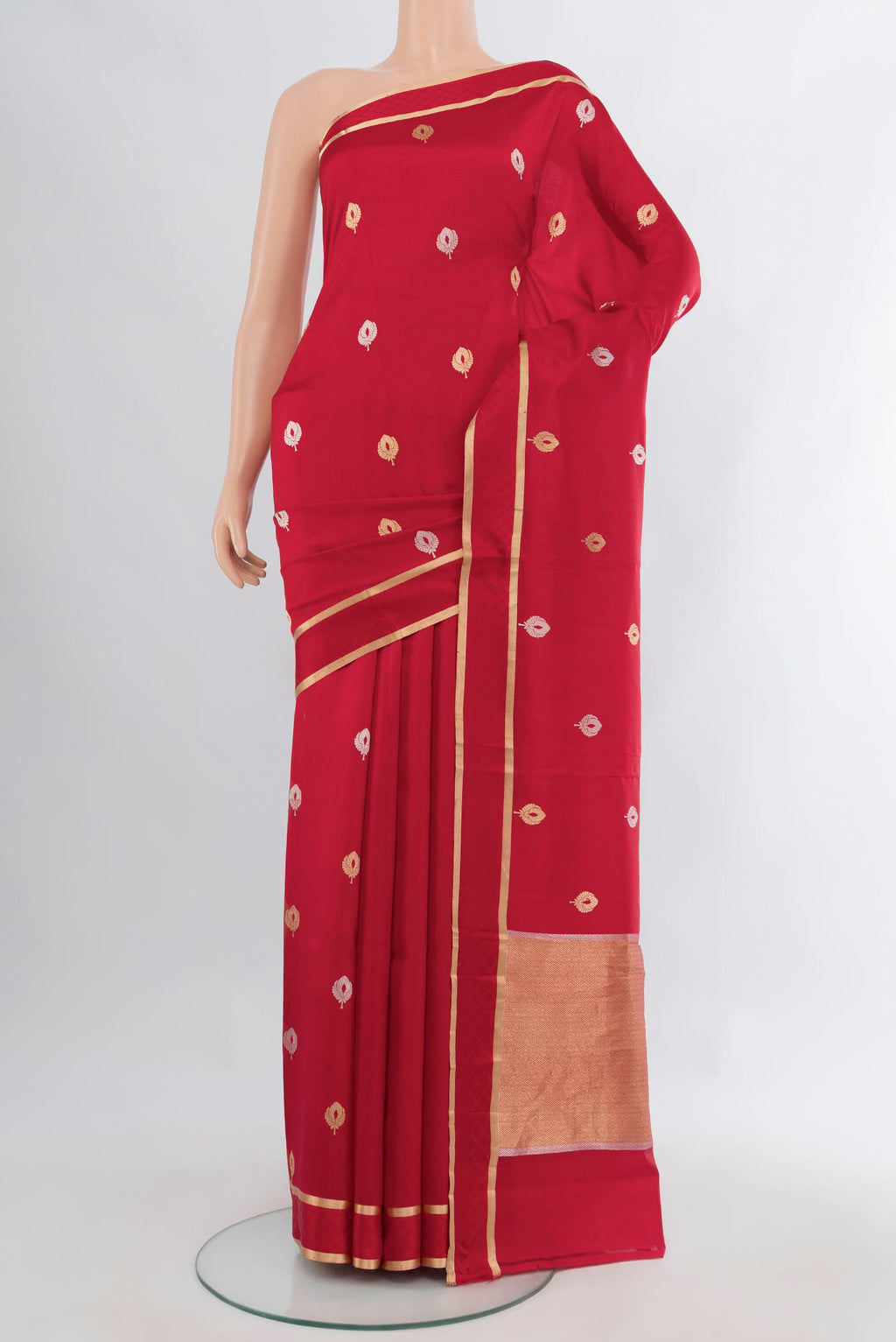 Pure Silk Red Banarasi Katan Saree with Zari Butta on the body and Plain Border.  displayed on a mannequin
