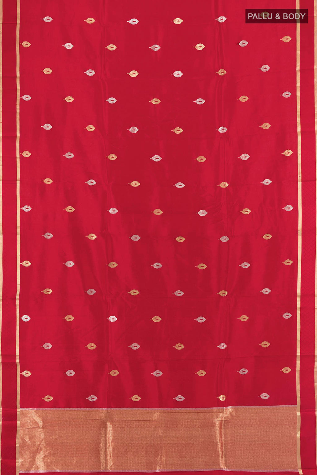Flat view of Pure Silk Red Banarasi Katan Saree with Zari Butta on the body and Plain Border. 
