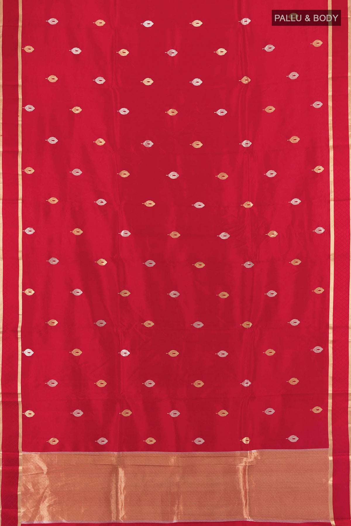 Flat view of Pure Silk Red Banarasi Katan Saree with Zari Butta on the body and Plain Border. 