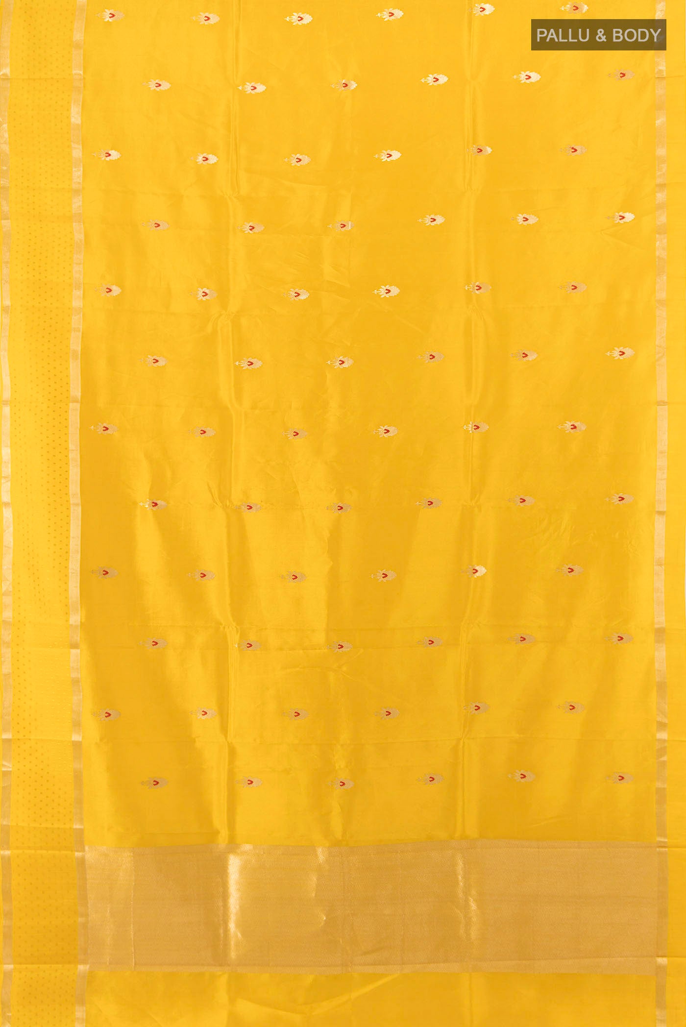 Flat view of Yellow Banarasi Katan Silk Saree with Zari Butta on the body and Silk Border. 