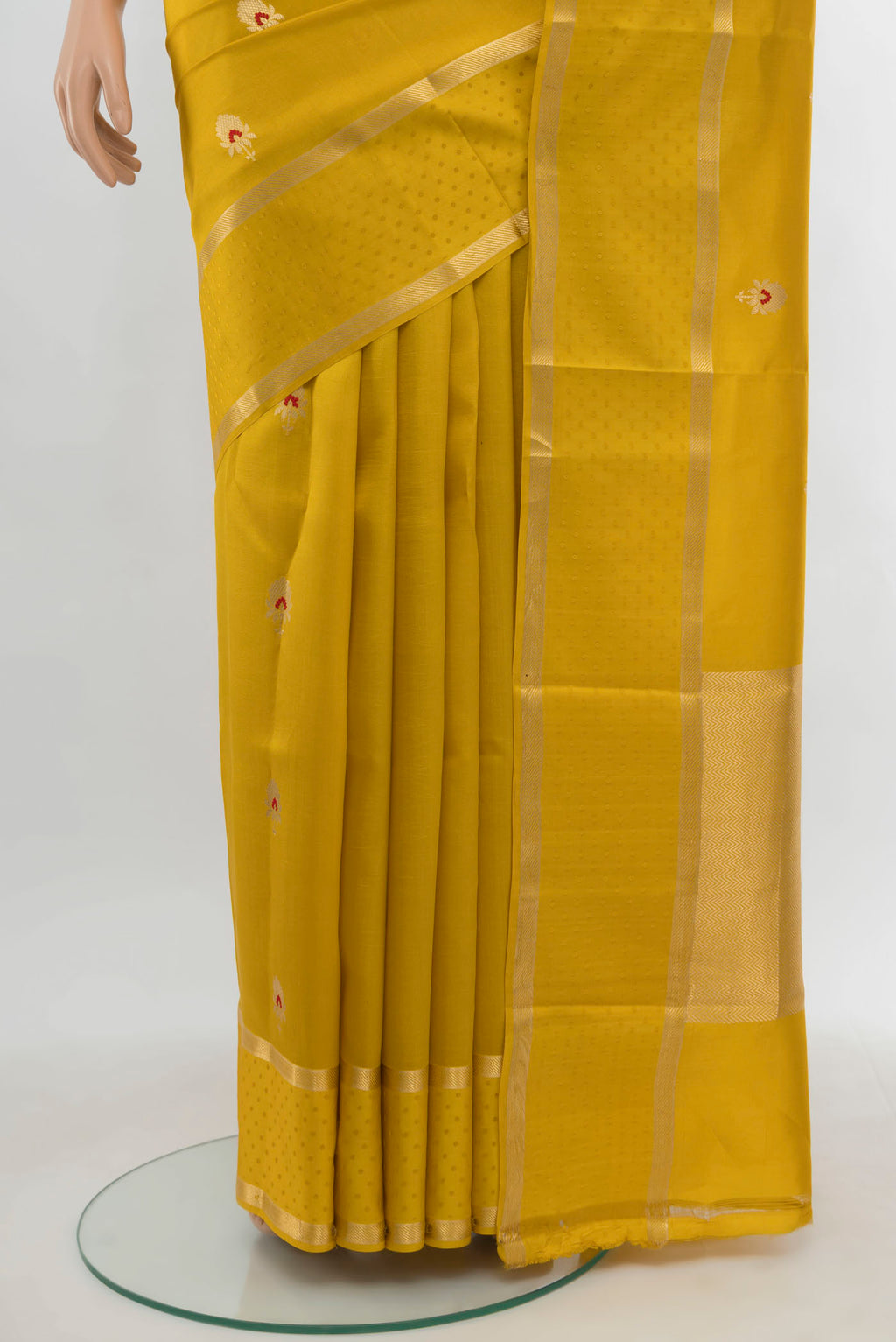 Pleats and pallu of Yellow Banarasi Katan Silk Saree with Zari Butta on the body and Silk Border. 