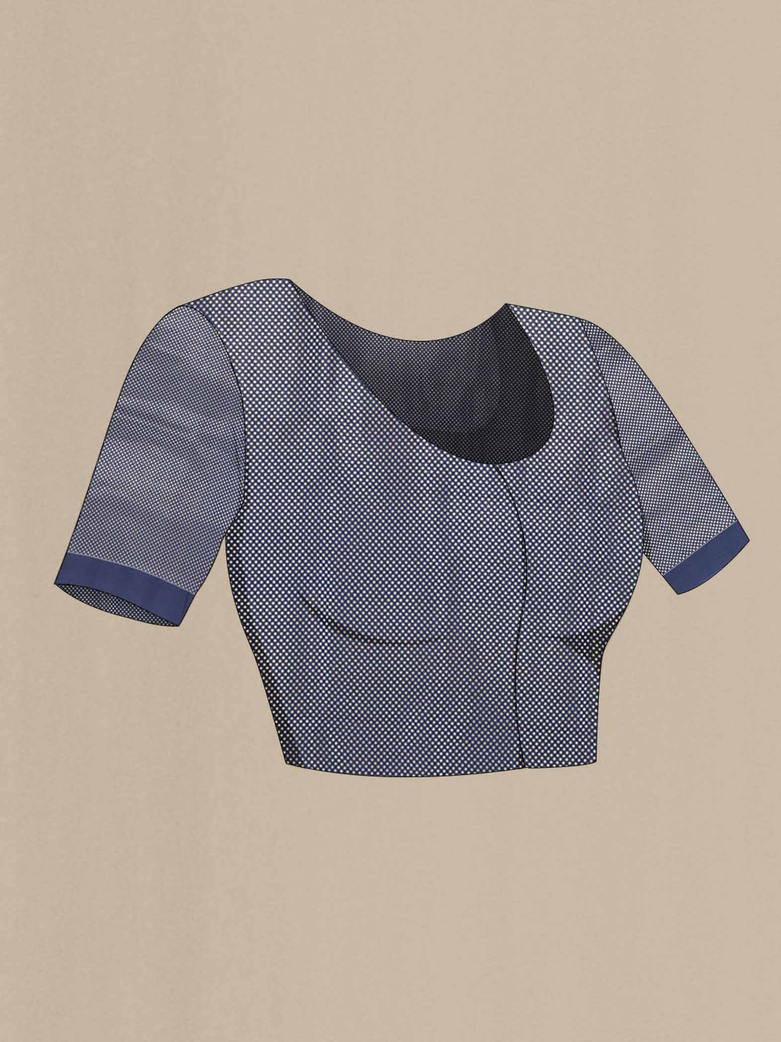 Close up image of the blouse of Navy Blue Banarasi Katan Silk Saree with Zari Butta on the body and Zari Border. 