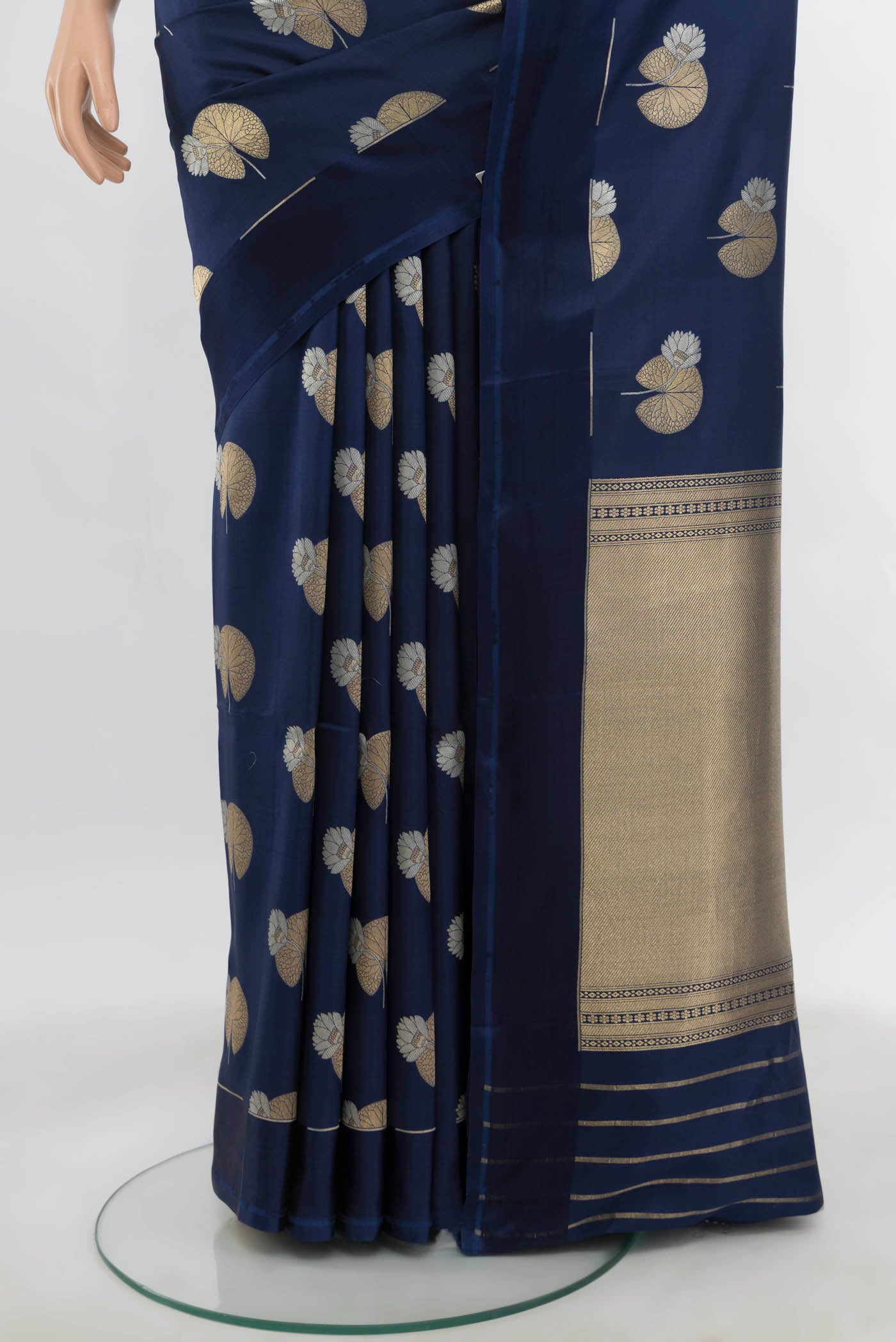 Pleats and pallu of Navy Blue Banarasi Katan Silk Saree with Zari Butta on the body and Zari Border. 