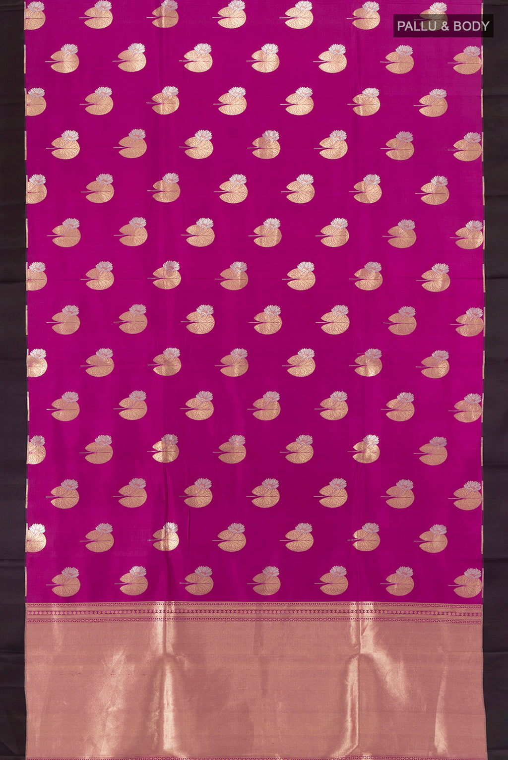 Flat view of Purple Banarasi Katan Silk Saree with Zari Butta on the body and Fancy Border. 