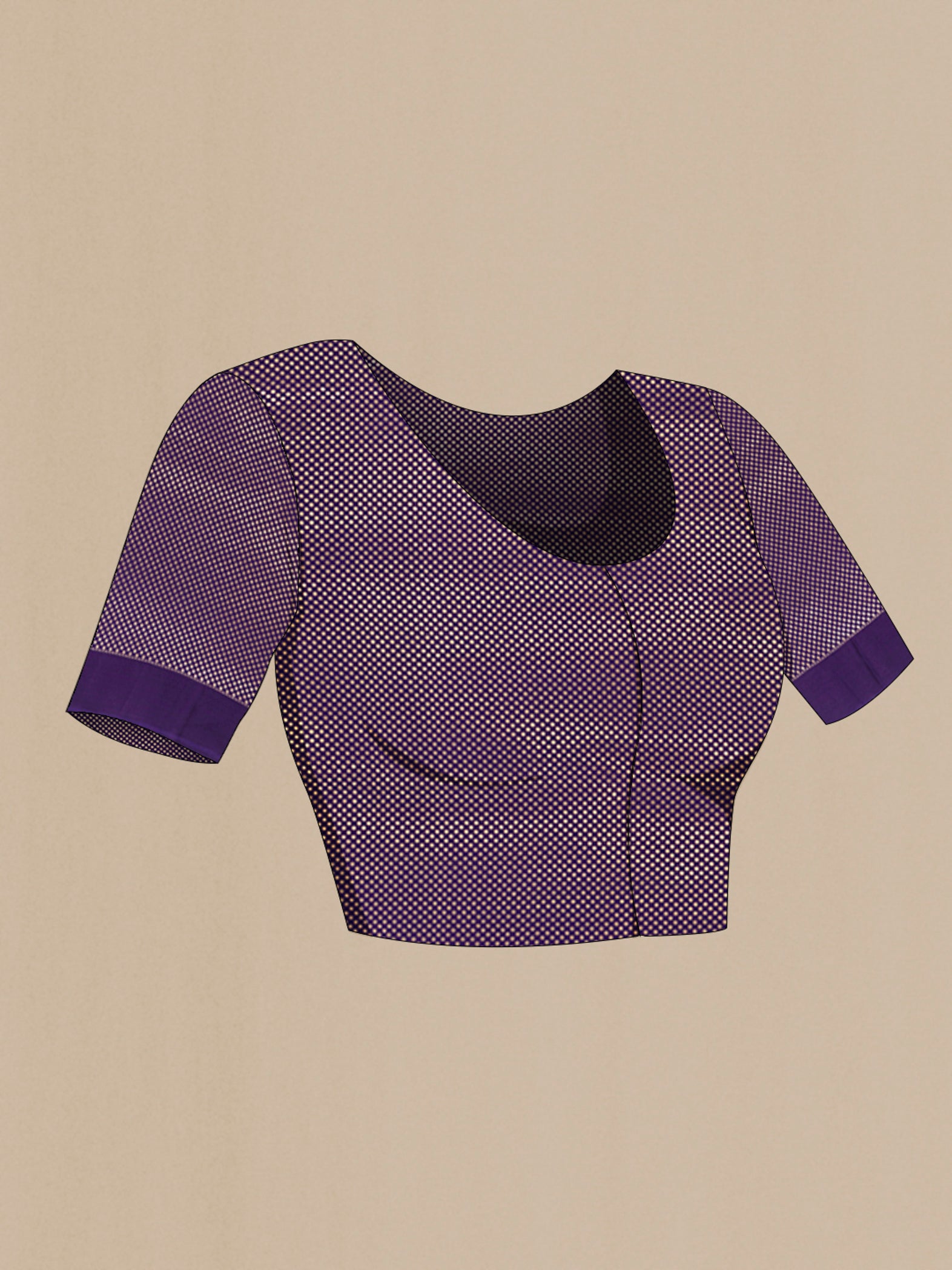 Close up image of the blouse of Violet Banarasi Silk Saree with Zari Butta on the body and Plain Border. 