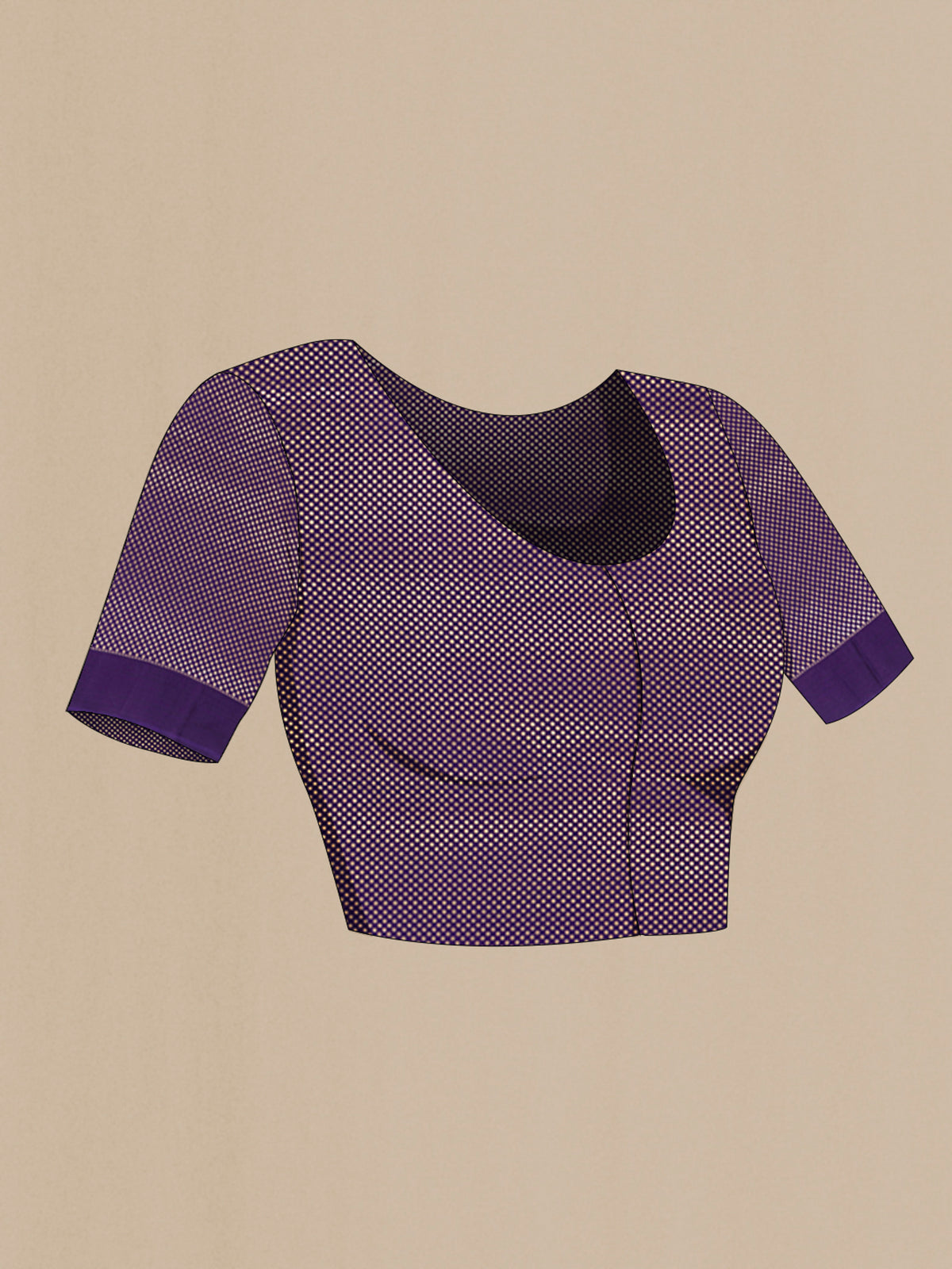 Close up image of the blouse of Violet Banarasi Silk Saree with Zari Butta on the body and Plain Border. 