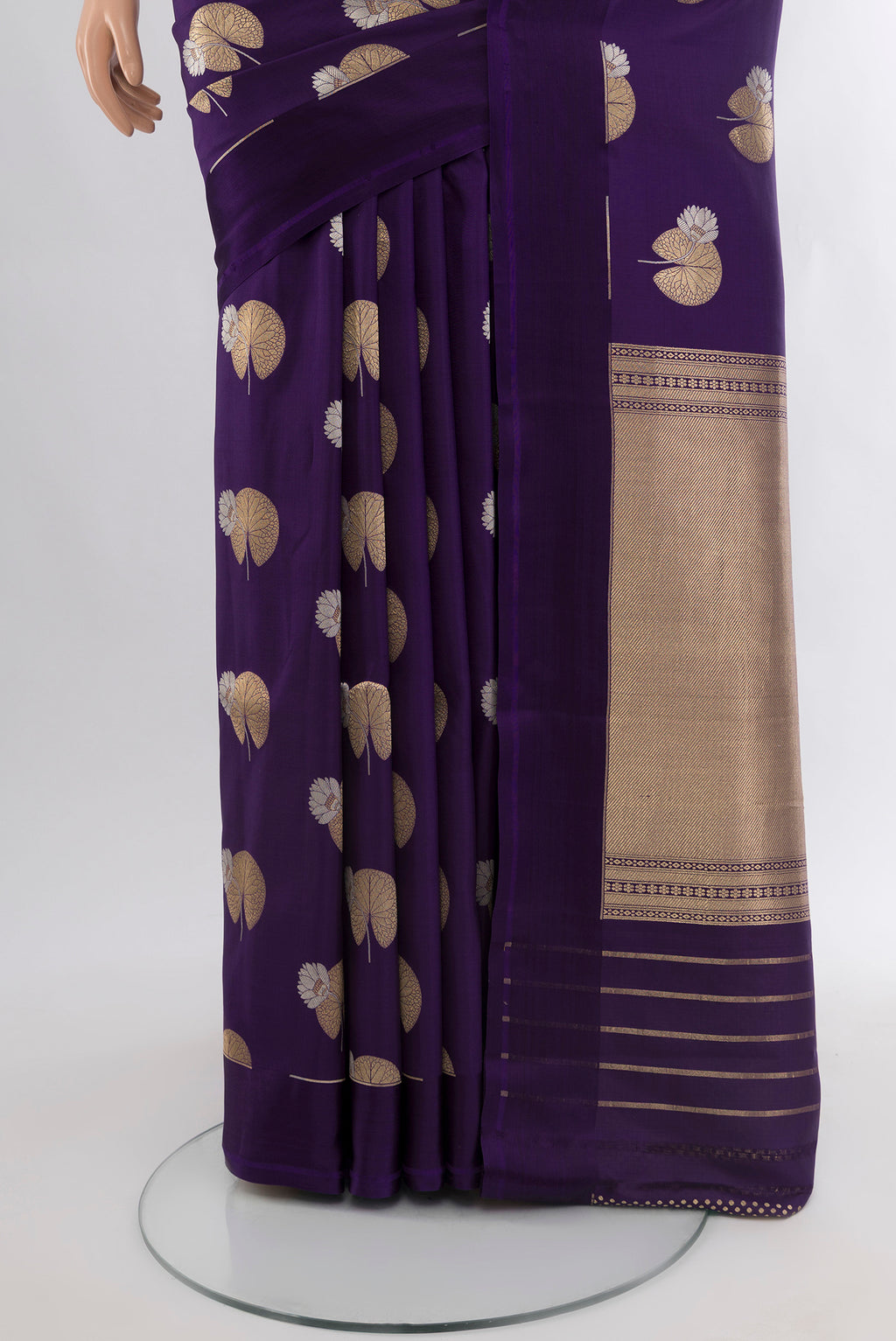 Pleats and pallu of Violet Banarasi Silk Saree with Zari Butta on the body and Plain Border. 