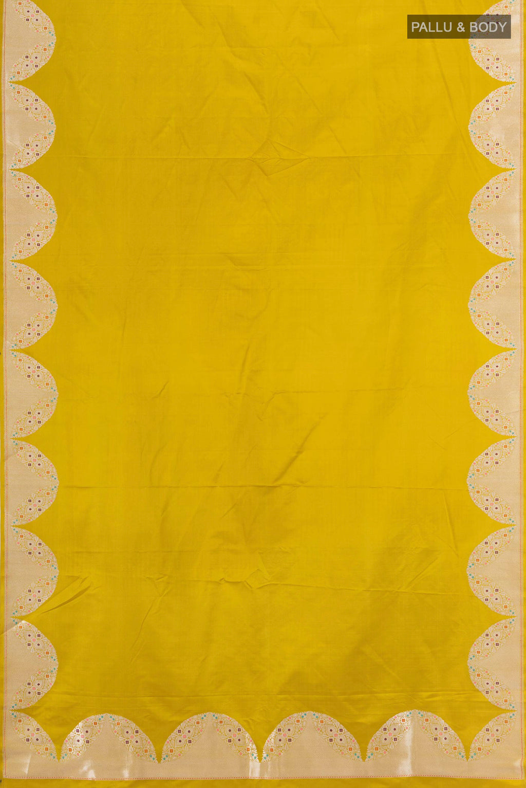 Flat view of Pure Silk Pure Zari Mehandi Green Banarasi Saree with Plain Body and Fancy Border. 