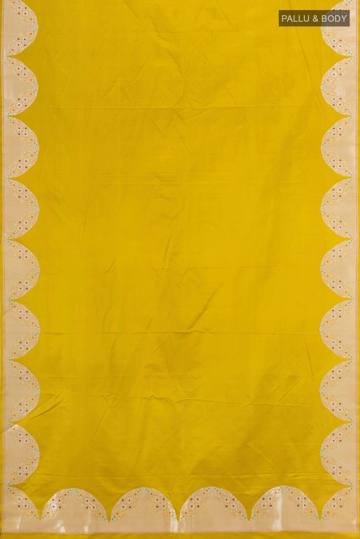 Flat view of Pure Silk Pure Zari Mehandi Green Banarasi Saree with Plain Body and Fancy Border. 