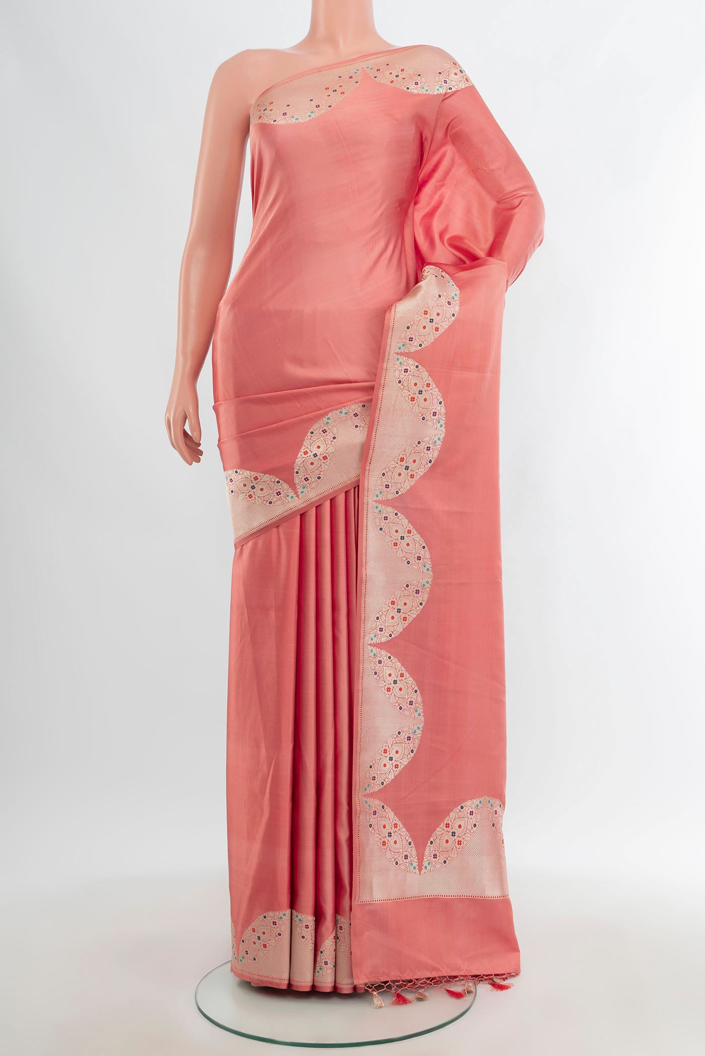 Pure Silk Pure Zari Coral Banarasi Saree with Plain Body and Fancy Border.  displayed on a mannequin