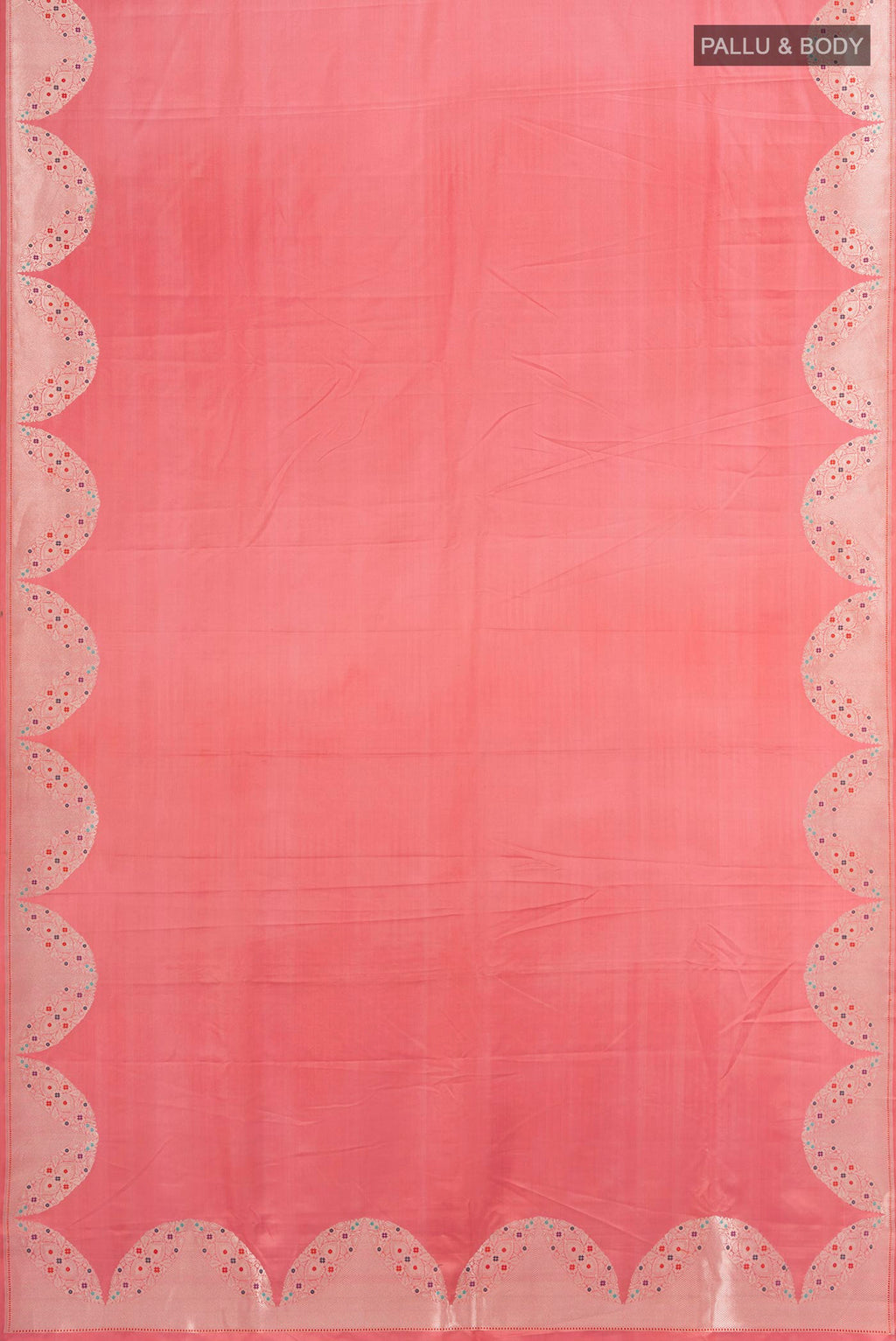 Flat view of Pure Silk Pure Zari Coral Banarasi Saree with Plain Body and Fancy Border. 