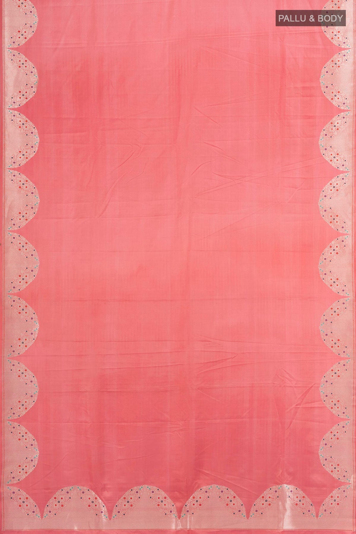 Flat view of Pure Silk Pure Zari Coral Banarasi Saree with Plain Body and Fancy Border. 