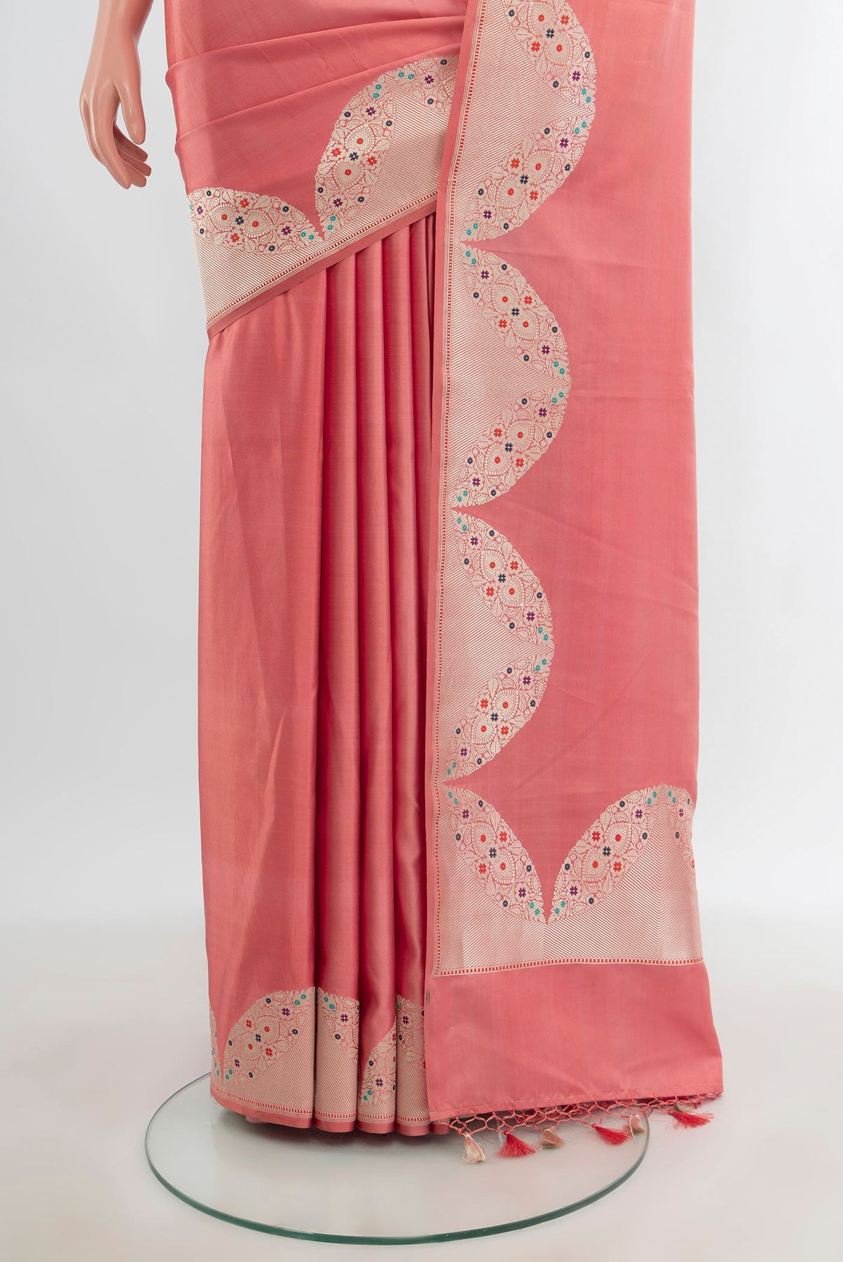 Pleats and pallu of Pure Silk Pure Zari Coral Banarasi Saree with Plain Body and Fancy Border. 
