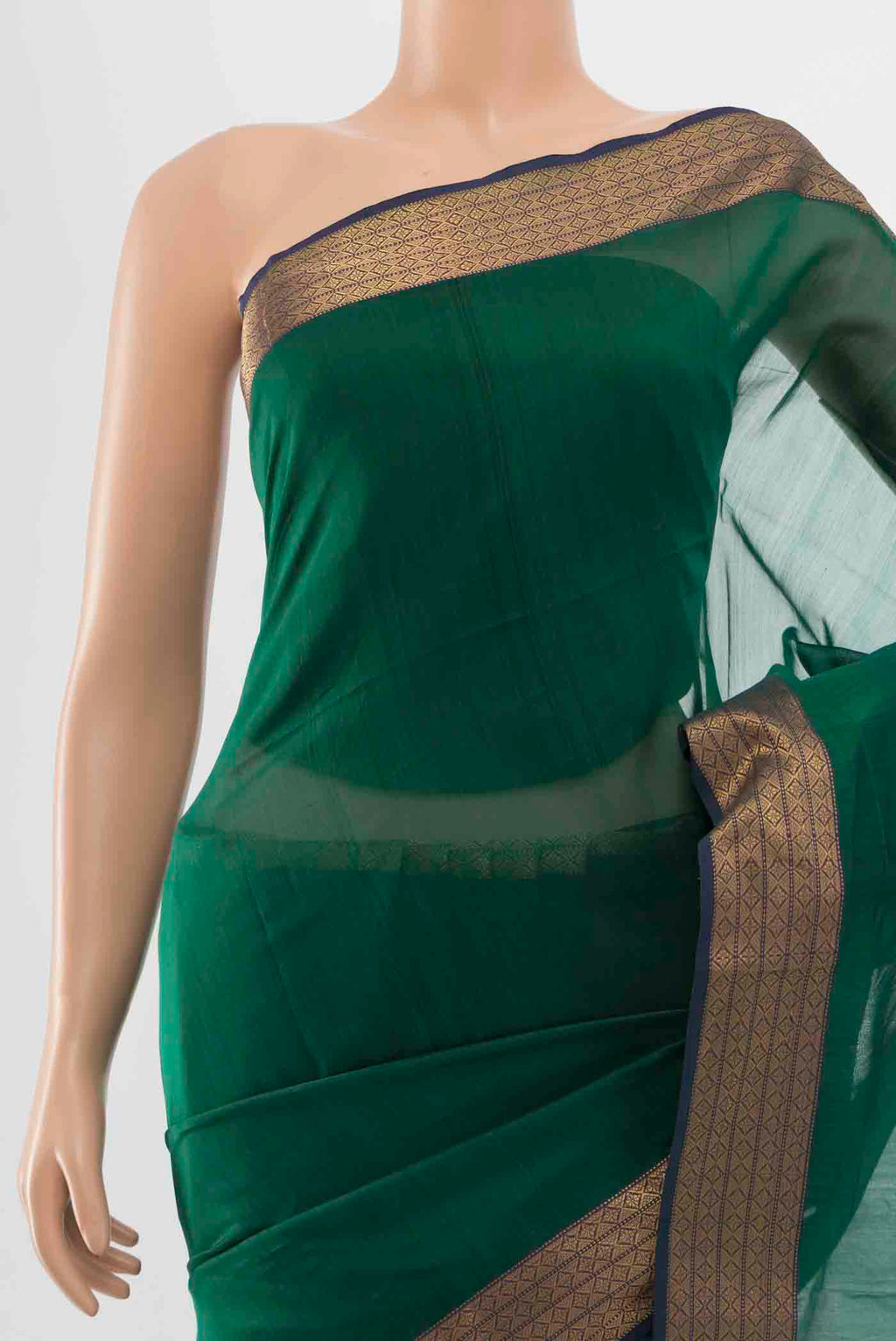 Border image of Peacock Blue Maheshwari Silk Cotton Saree with Zari Butta on the body and Silk Border