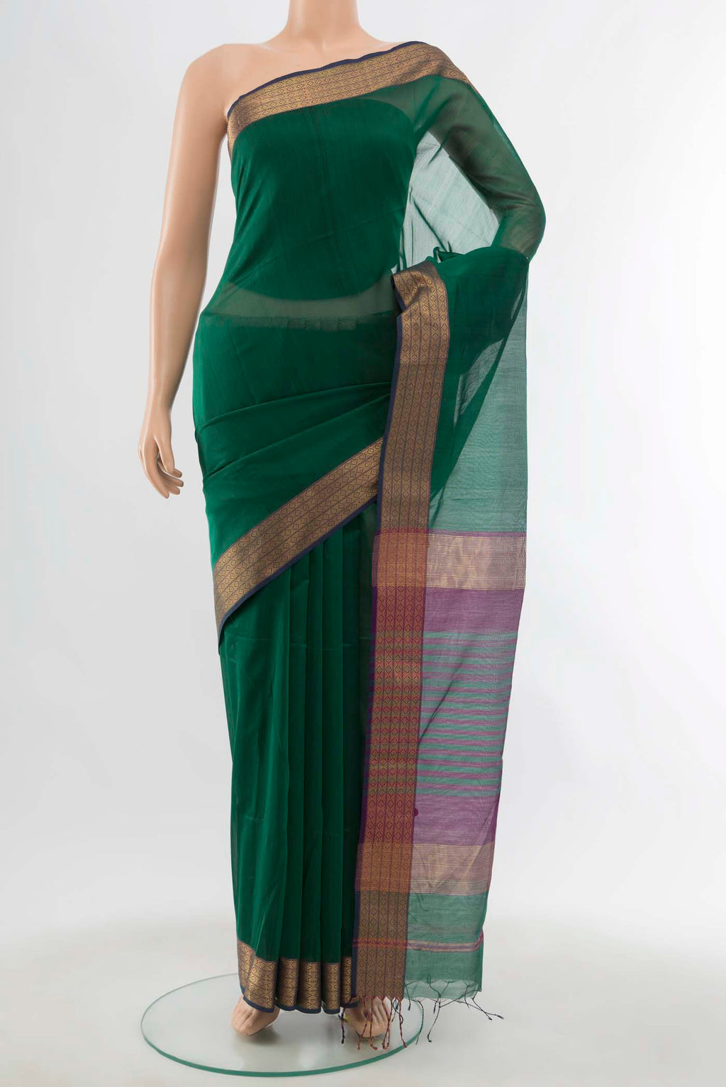 Peacock Blue Maheshwari Silk Cotton Saree with Zari Butta on the body and Silk Border displayed on a mannequin