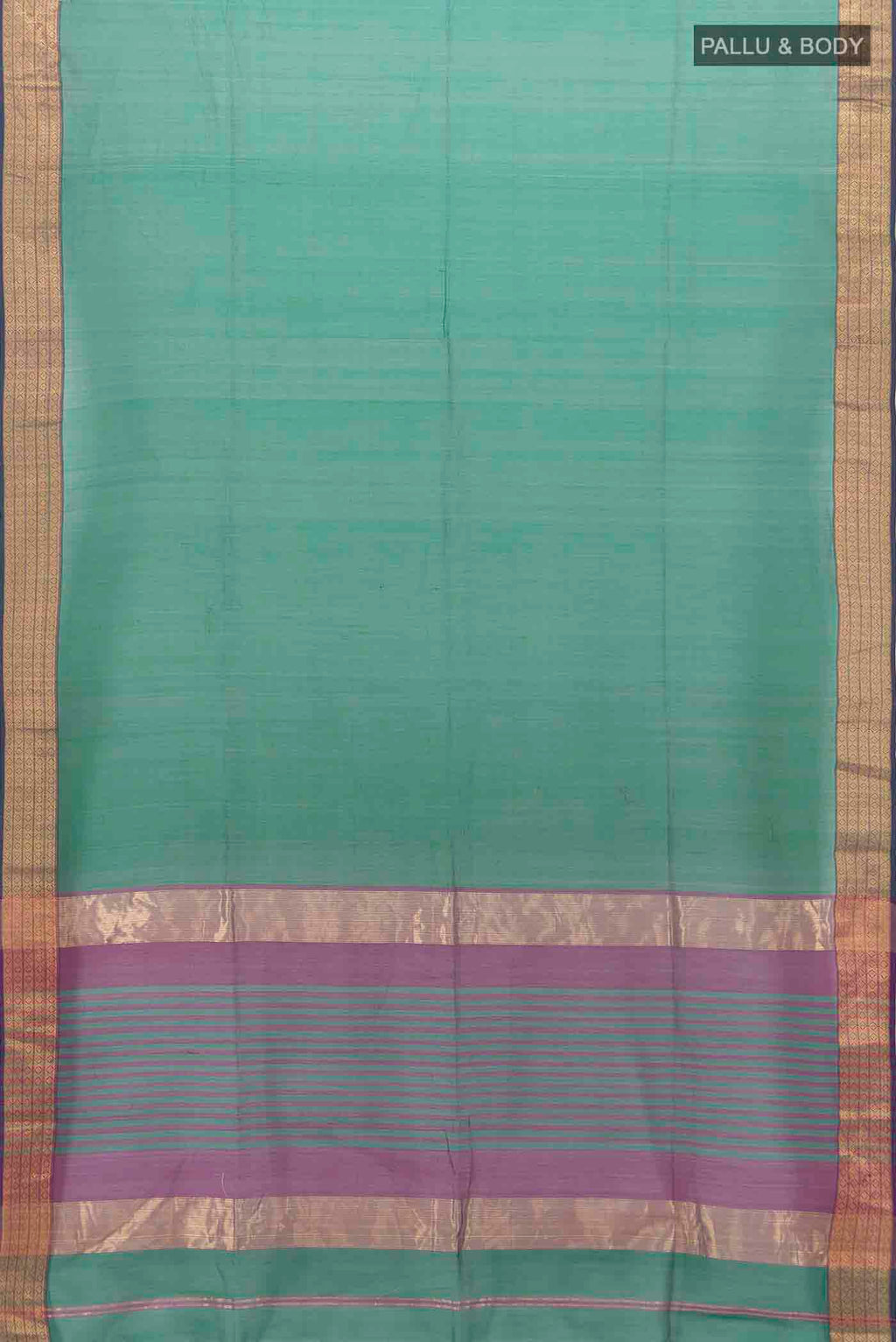 Flat view of Peacock Blue Maheshwari Silk Cotton Saree with Zari Butta on the body and Silk Border
