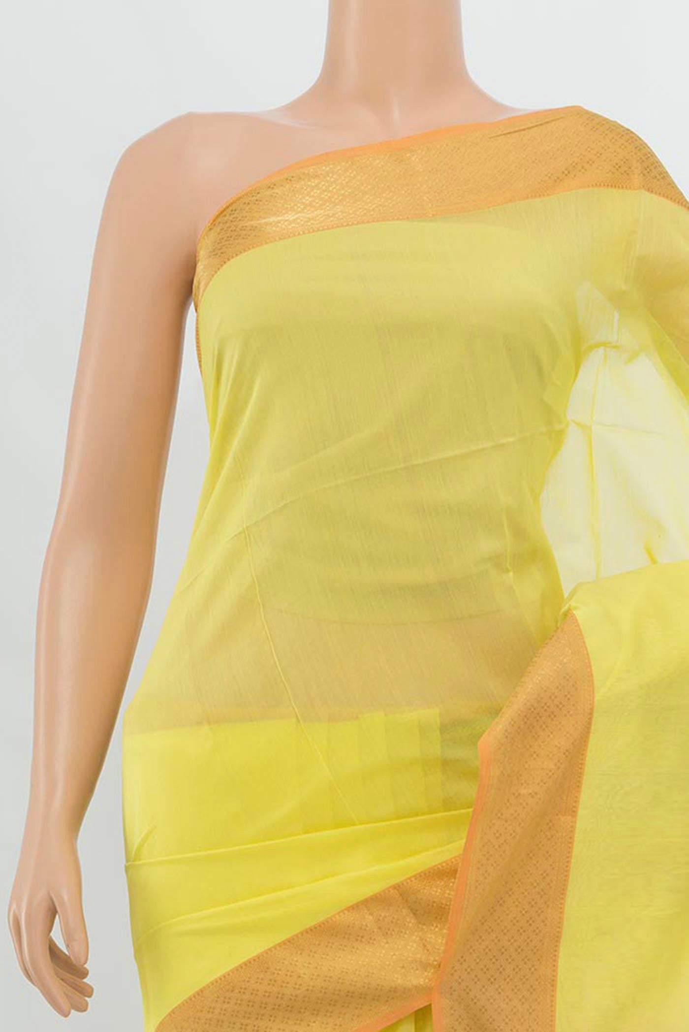 Border image of Lemon Yellow Maheshwari Silk Cotton Saree with Plain Body and Fancy Border. 