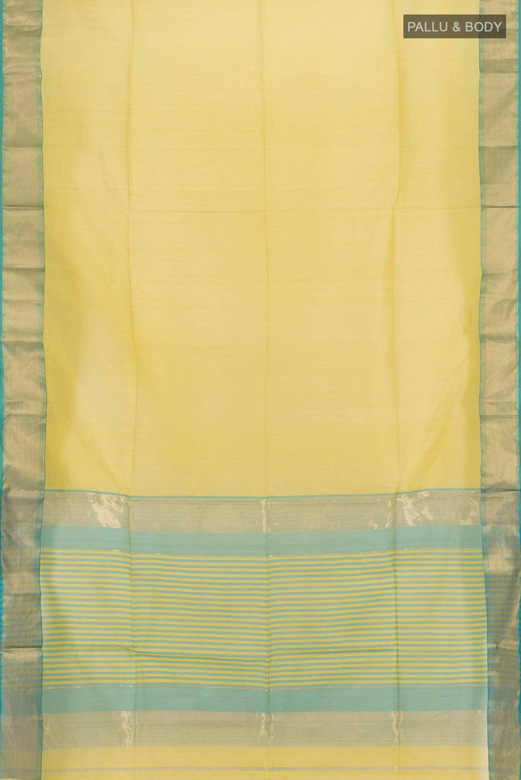 Flat view of Parrot Green Maheshwari Silk Cotton Saree with Zari Butta on the body and Silk Border. 