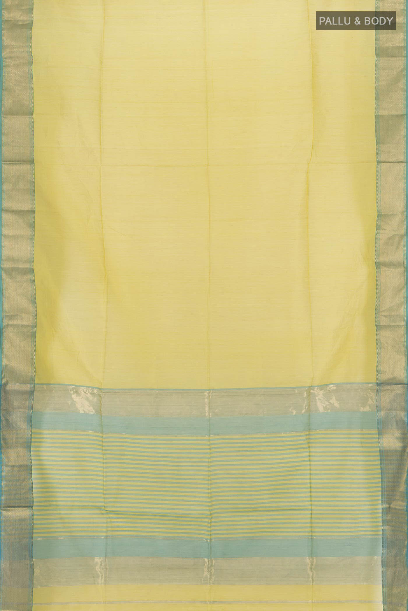 Flat view of Parrot Green Maheshwari Silk Cotton Saree with Zari Butta on the body and Silk Border. 