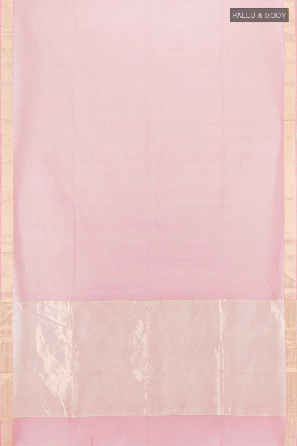 Flat view of Rose Gold Maheshwari Silk Cotton Saree with Zari Butta on the body and Silk Border