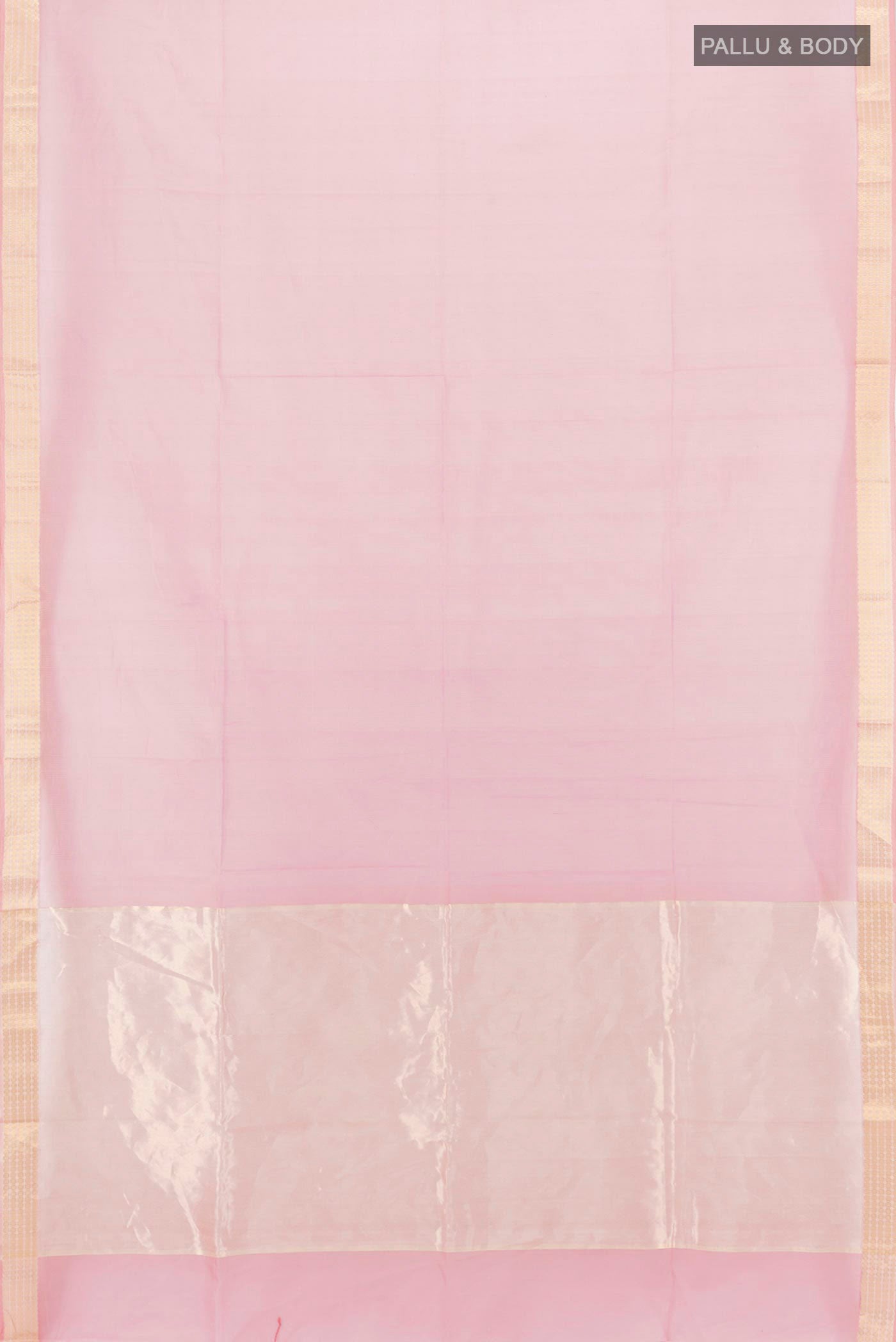 Flat view of Rose Gold Maheshwari Silk Cotton Saree with Zari Butta on the body and Silk Border