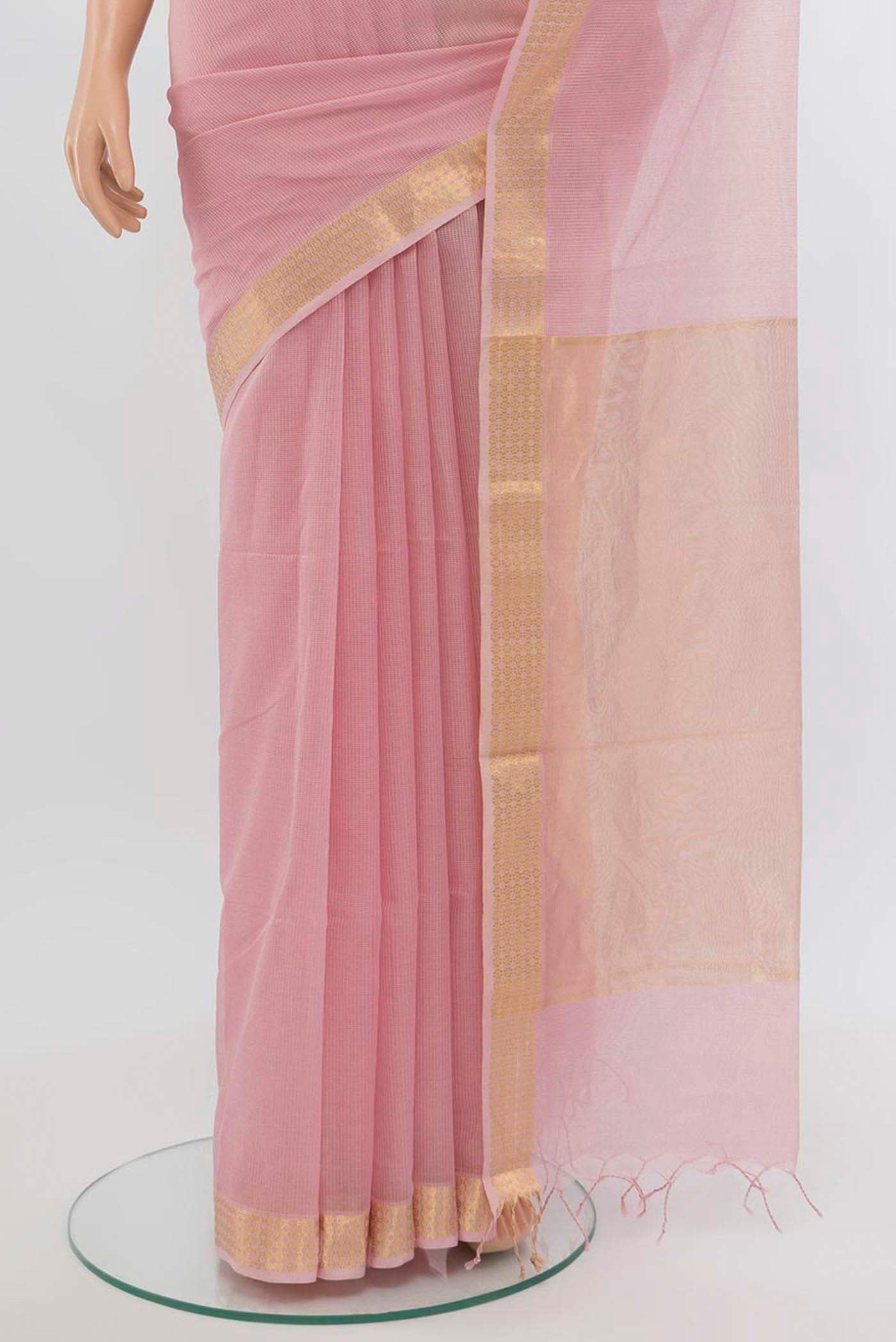 Pleats and pallu of Rose Gold Maheshwari Silk Cotton Saree with Zari Butta on the body and Silk Border