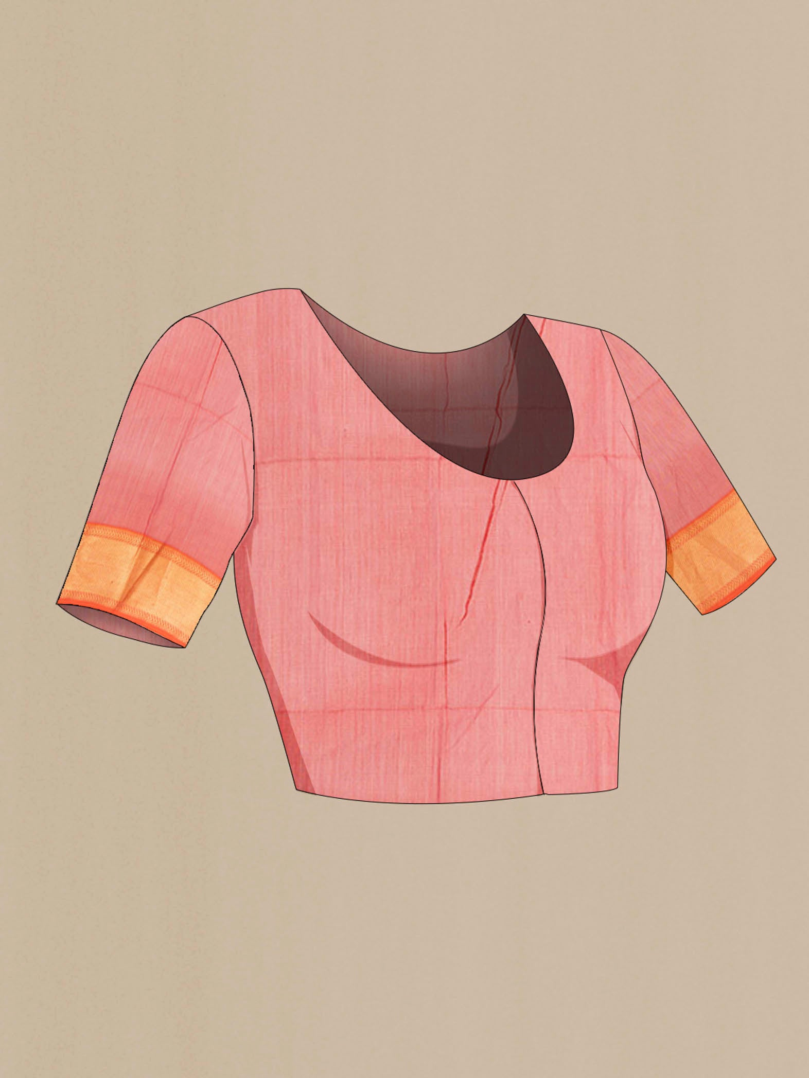 Close up image of the blouse of Orange Maheshwari Silk Cotton Saree with Zari Butta on the body and Silk Border