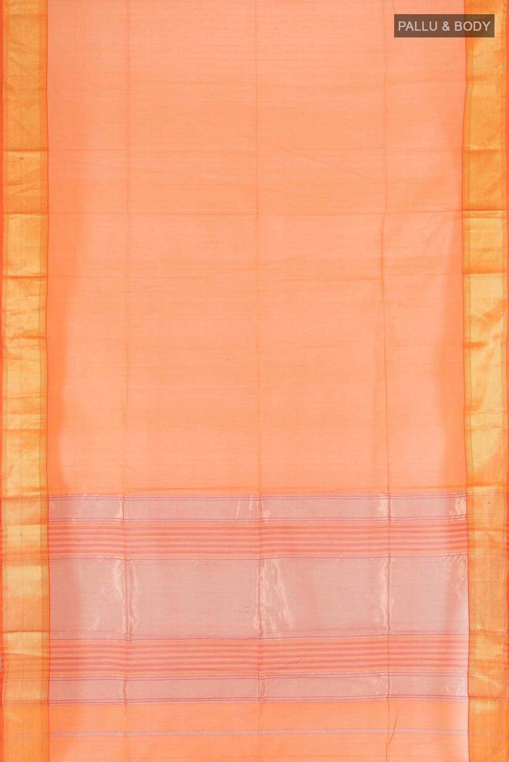 Flat view of Orange Maheshwari Silk Cotton Saree with Zari Butta on the body and Silk Border